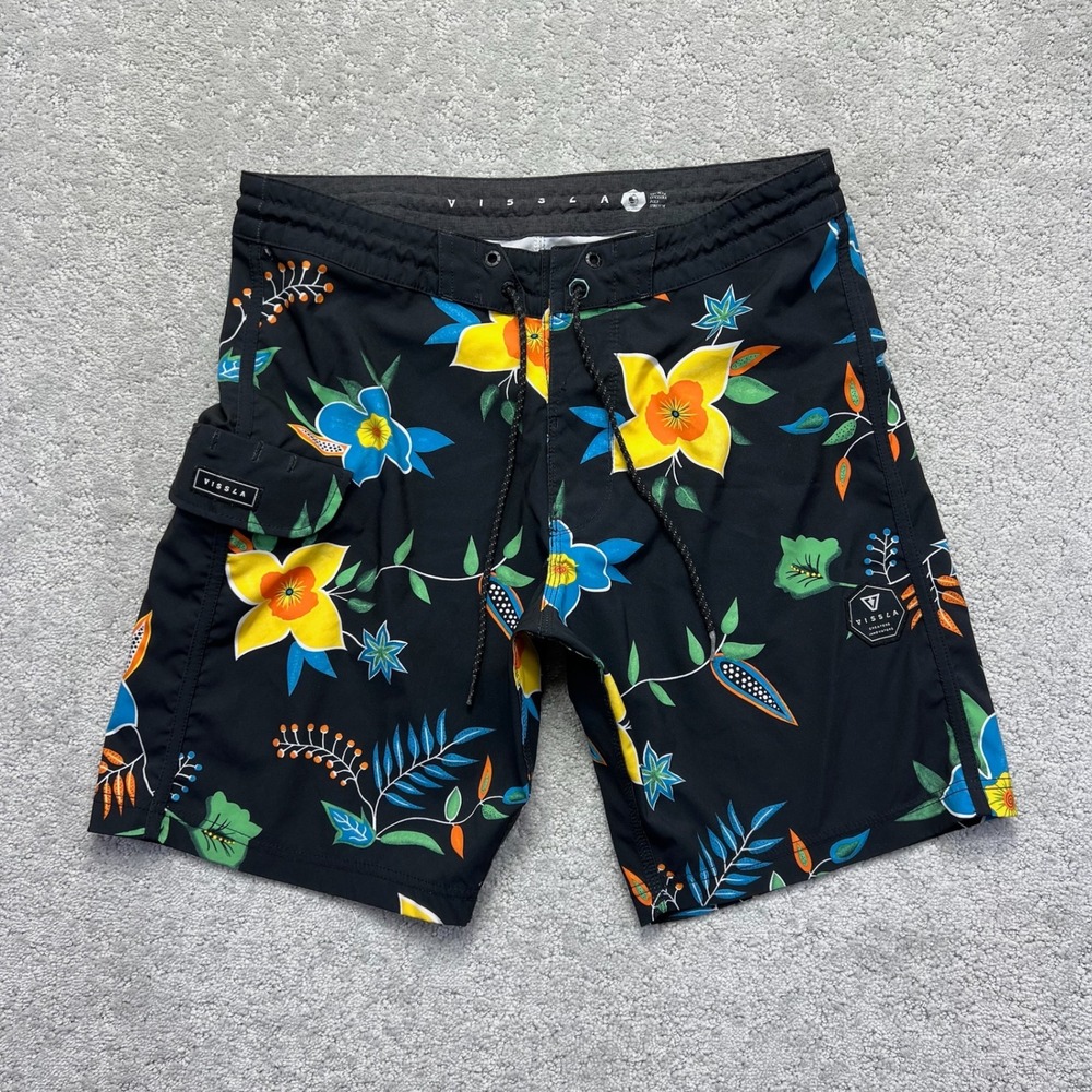 Vissla Board Shorts Mens Size 32 Black Floral Upcycle Cocotex Poly Stretch Beach